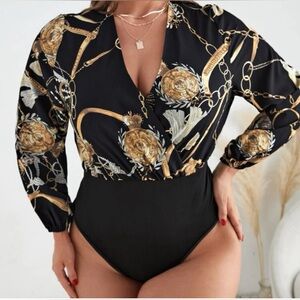 SHEIN Curve Tassel & Chain Print Lantern Sleeve Bodysuit Size 3XL
